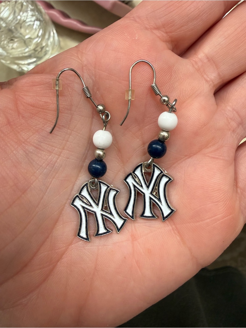 NY Yankees Enamel Logo Dangle Earrings - Navy & White 2” long